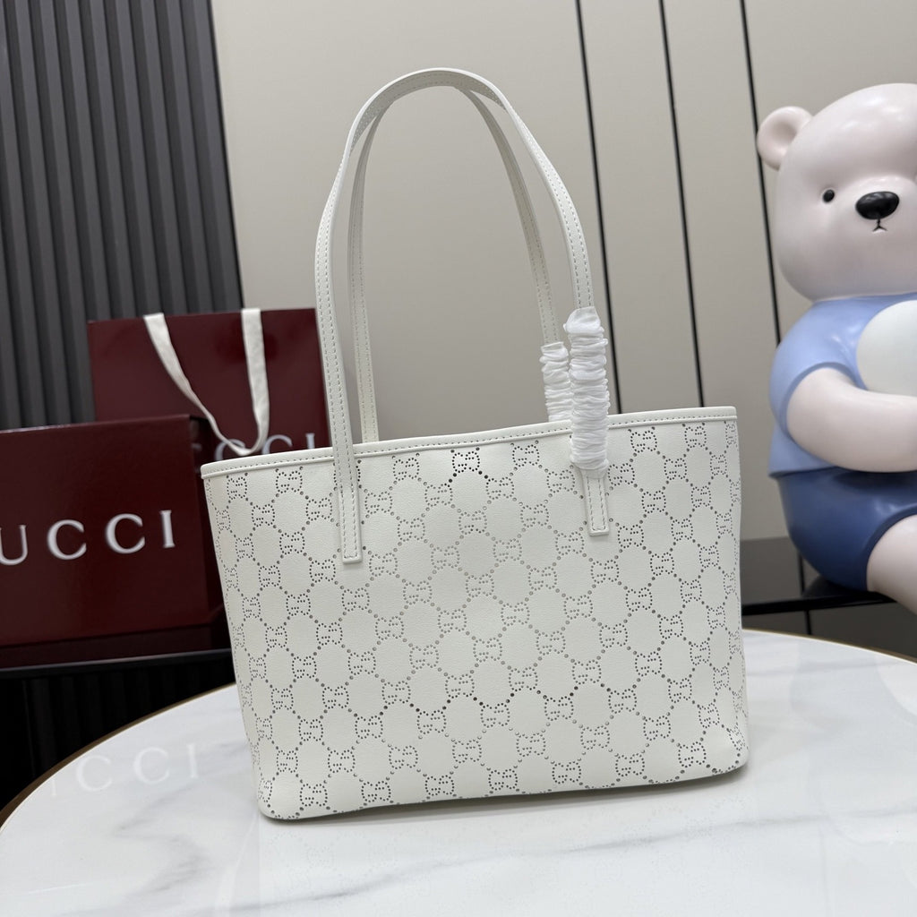 Gucci White Leather Logo Tote Bag
