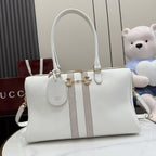 Gucci White Leather & Canvas Horsebit Handbag