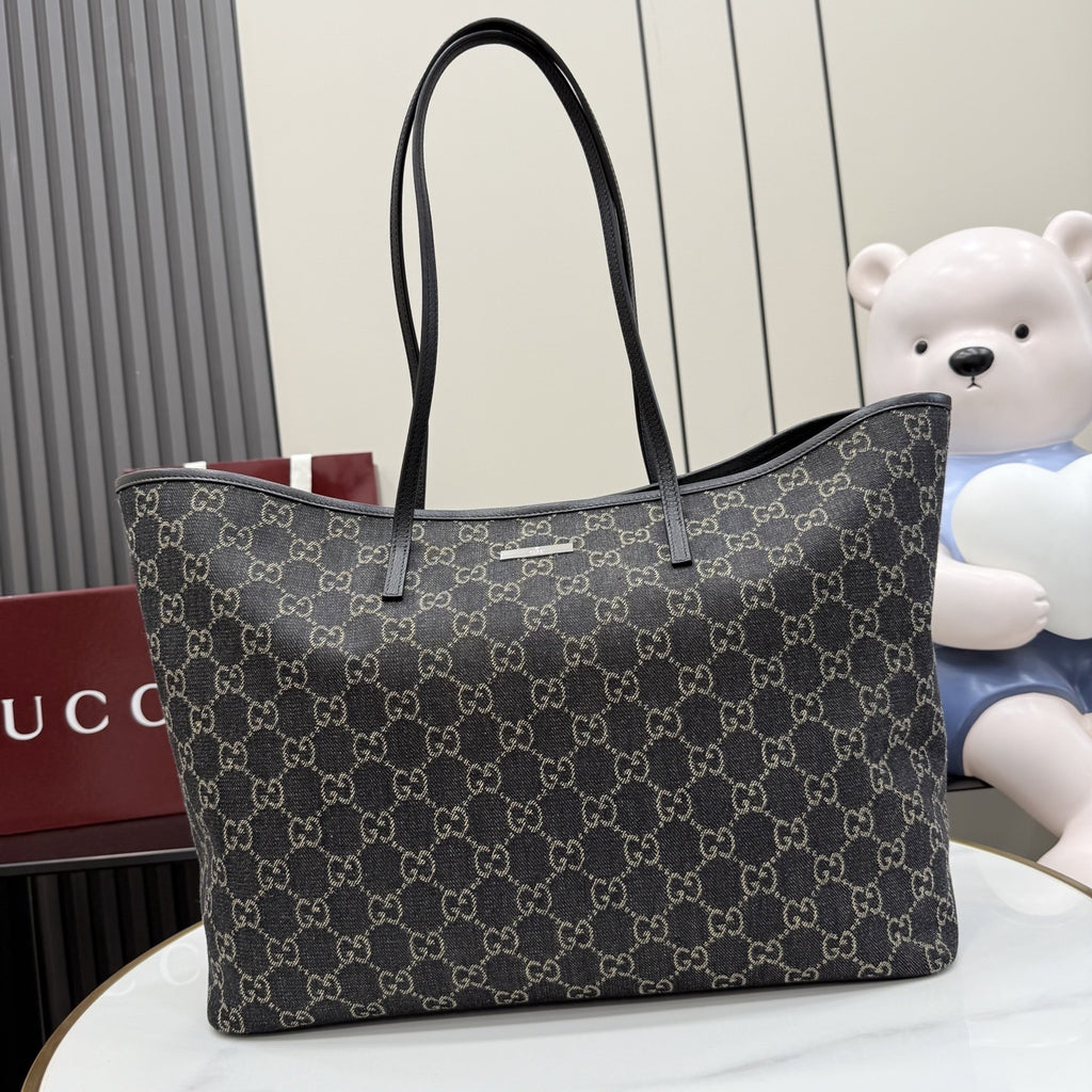 Gucci Black Denim & Leather Logo Tote Bag