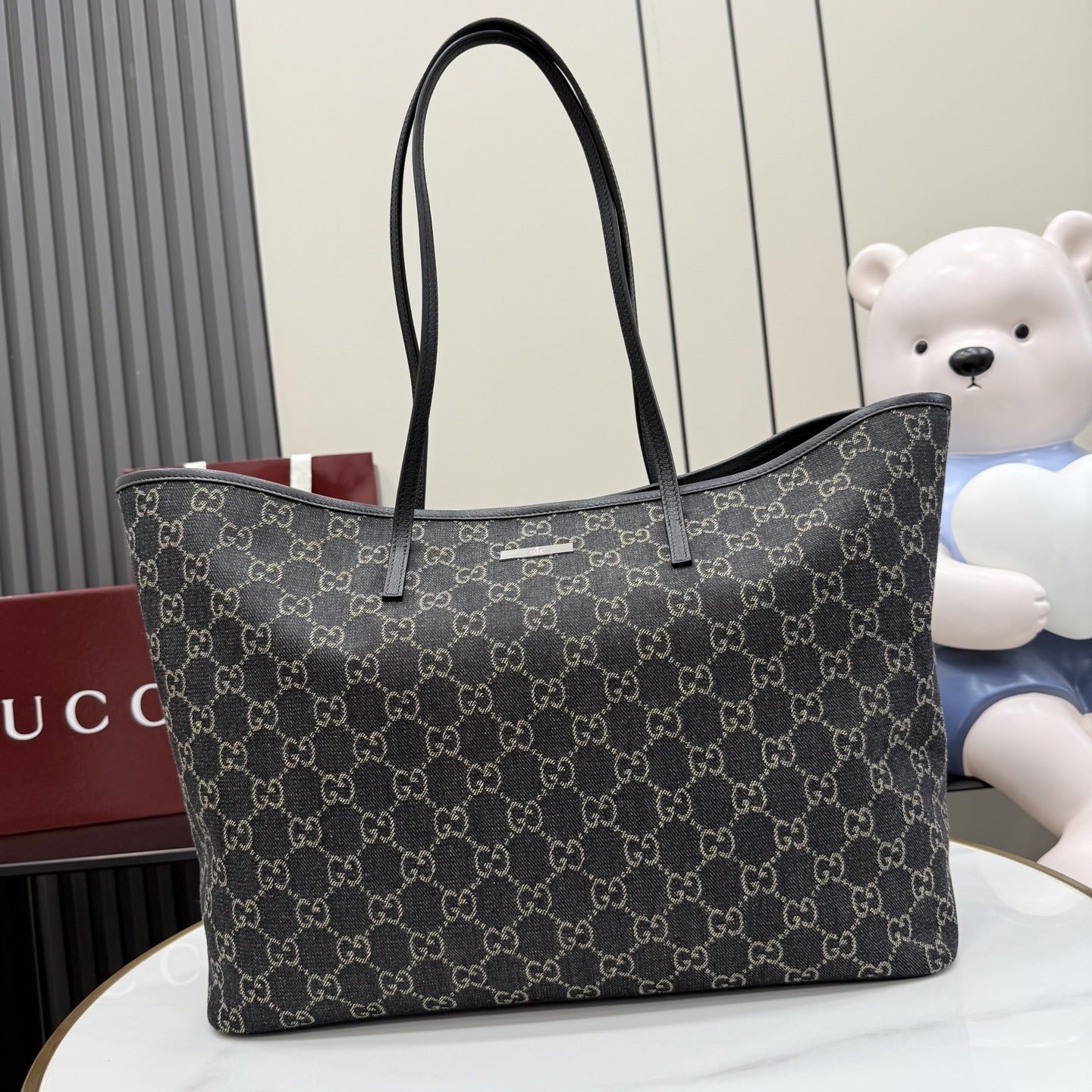Gucci Black Denim & Leather Logo Tote Bag