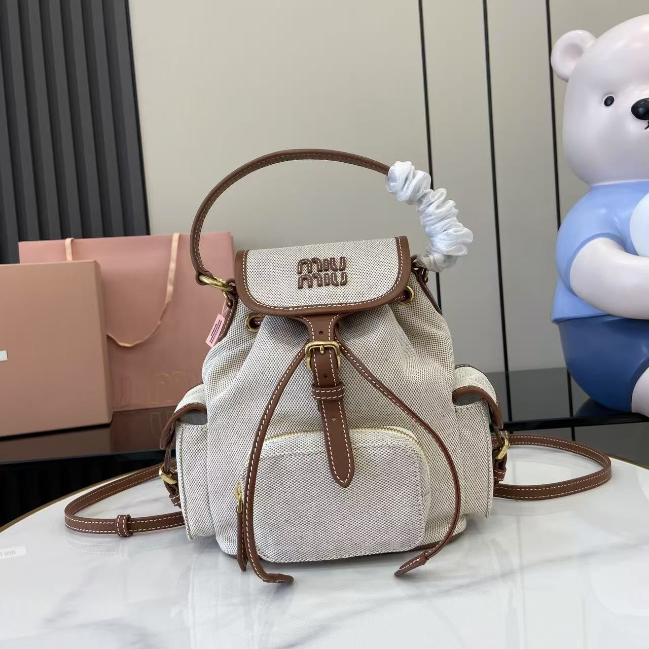 Miu Miu Brown Canvas & Calfskin Leather Backpack