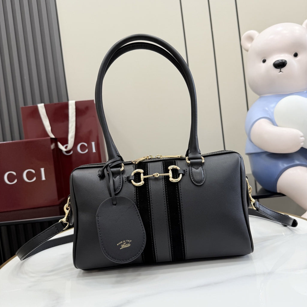 Gucci Black Leather & Canvas Horsebit Handbag