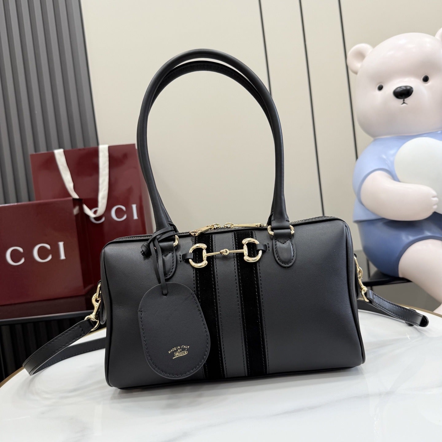 Gucci Black Leather & Canvas Horsebit Handbag