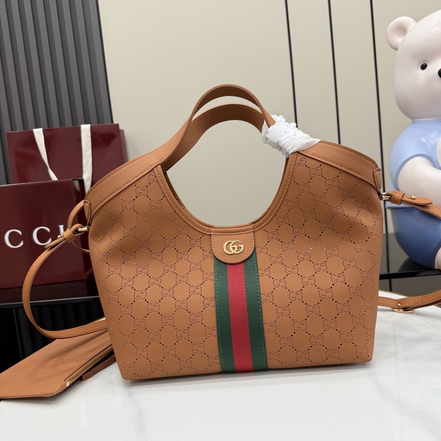Gucci Brown Leather & Canvas Double G Tote Bag