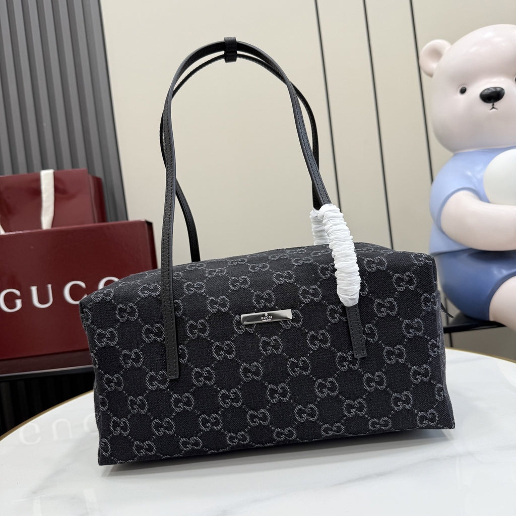 Gucci Black Denim & Leather Logo Handbag