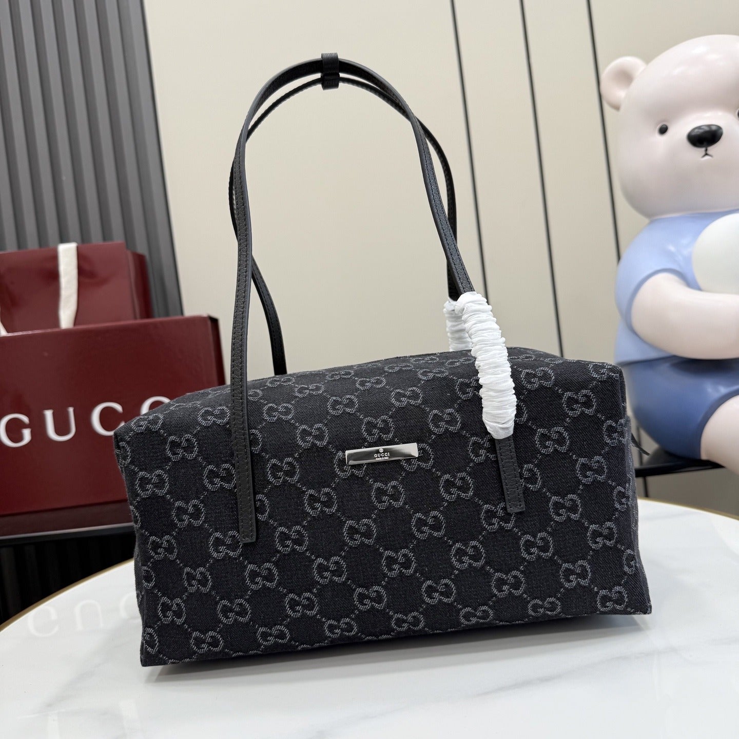 Gucci Black Denim & Leather Logo Handbag