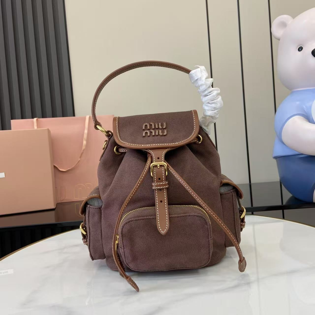 Miu Miu Brown Canvas & Calfskin Leather Backpack