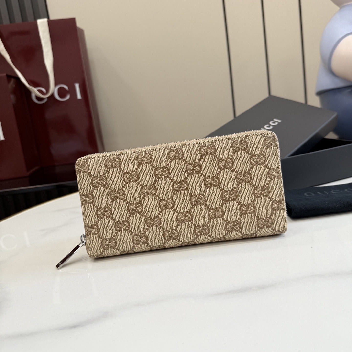 Gucci Brown Canvas & Leather Zip Wallet