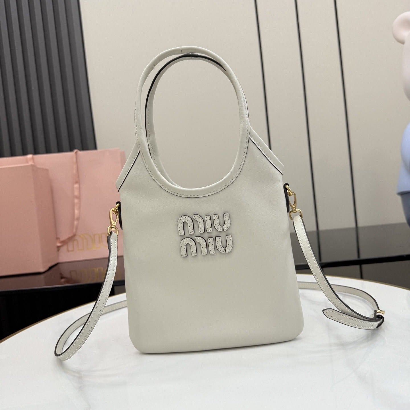 Miu Miu White Leather Logo Tote Bag