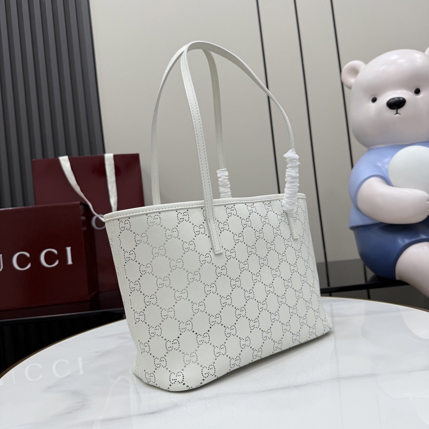 Gucci White Leather Logo Tote Bag