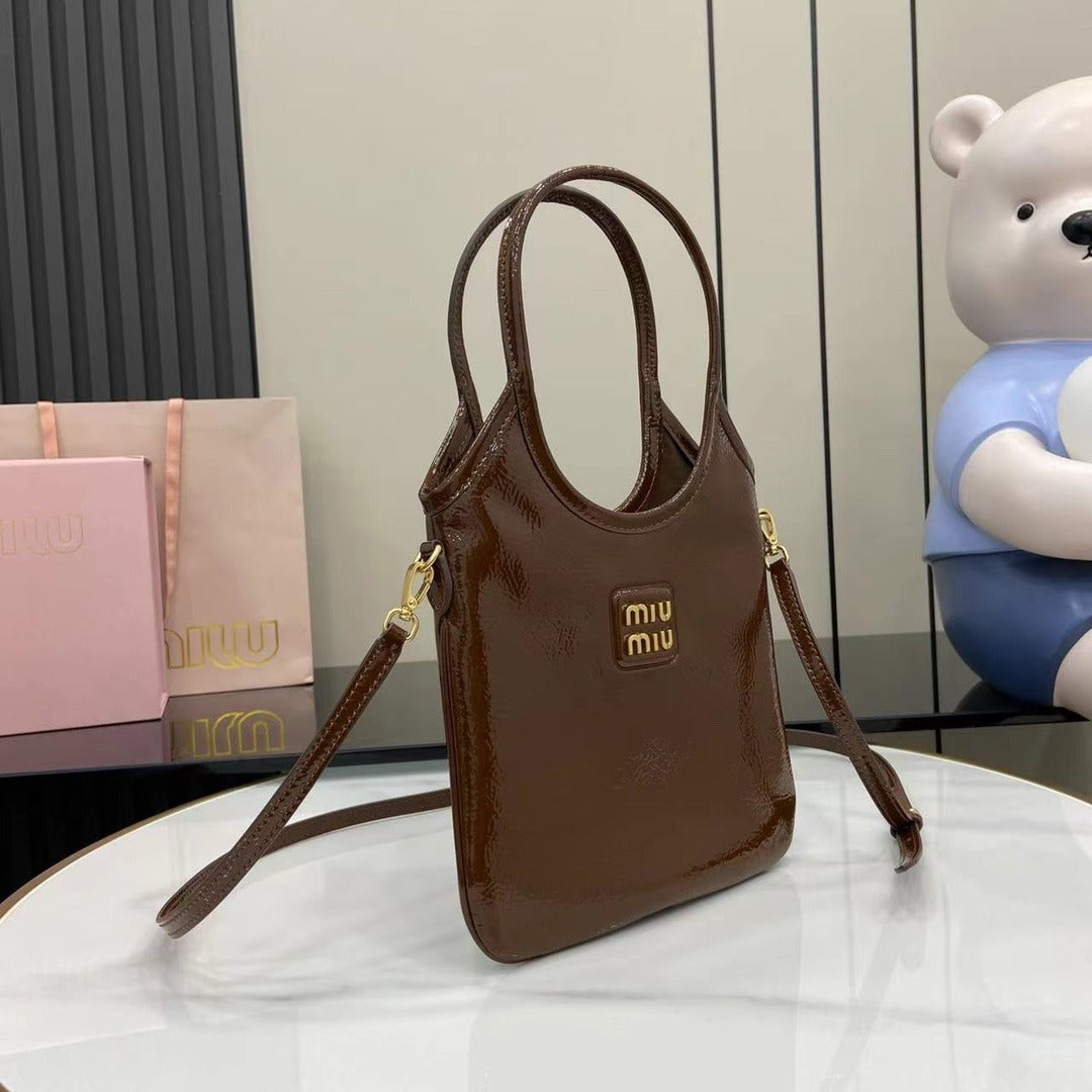 Miu Miu Brown Patent Leather Logo Tote Bag