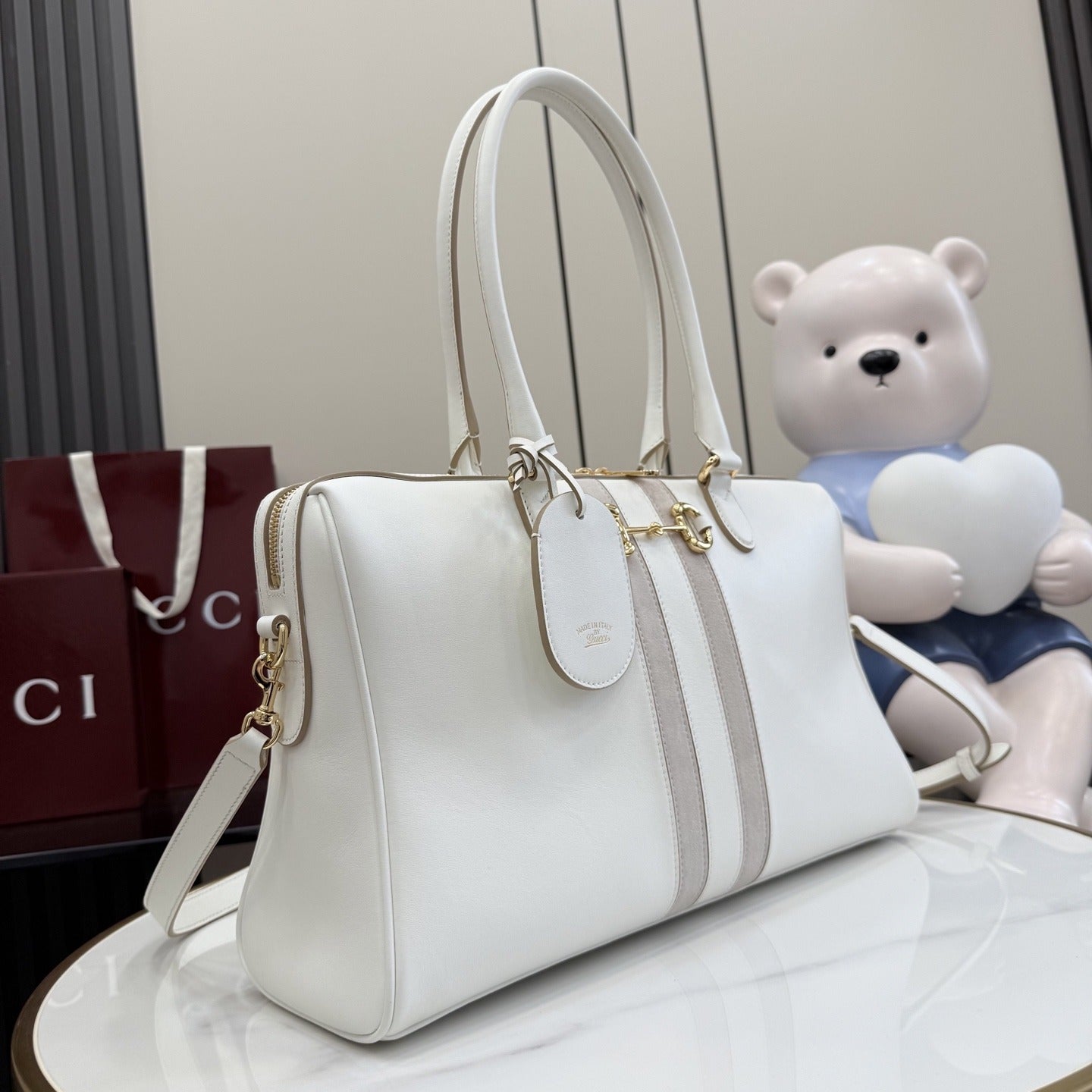 Gucci White Leather & Canvas Horsebit Handbag