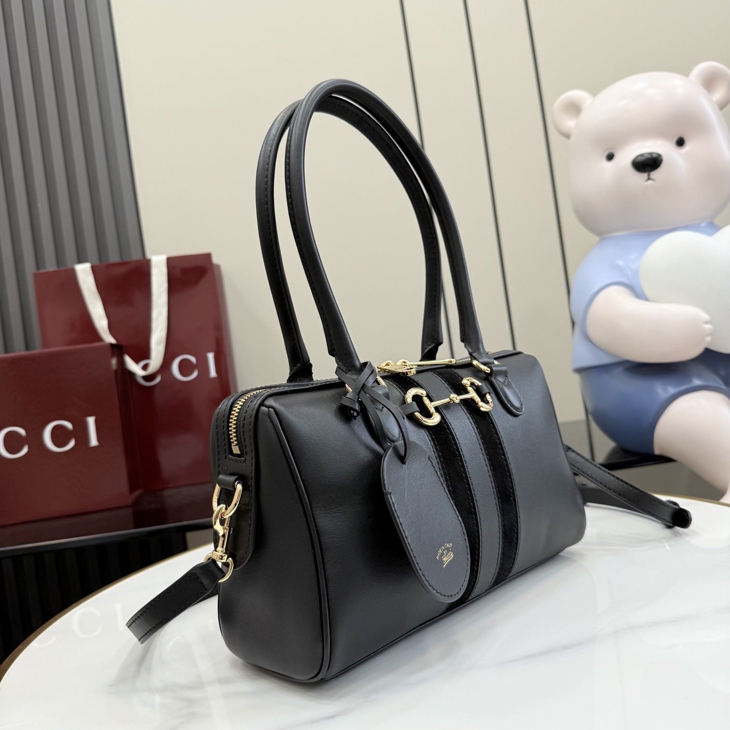 Gucci Black Leather & Canvas Horsebit Handbag