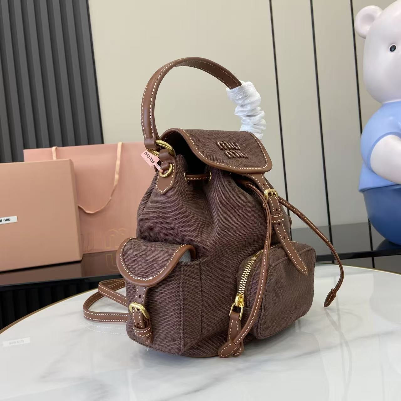 Miu Miu Brown Canvas & Calfskin Leather Backpack