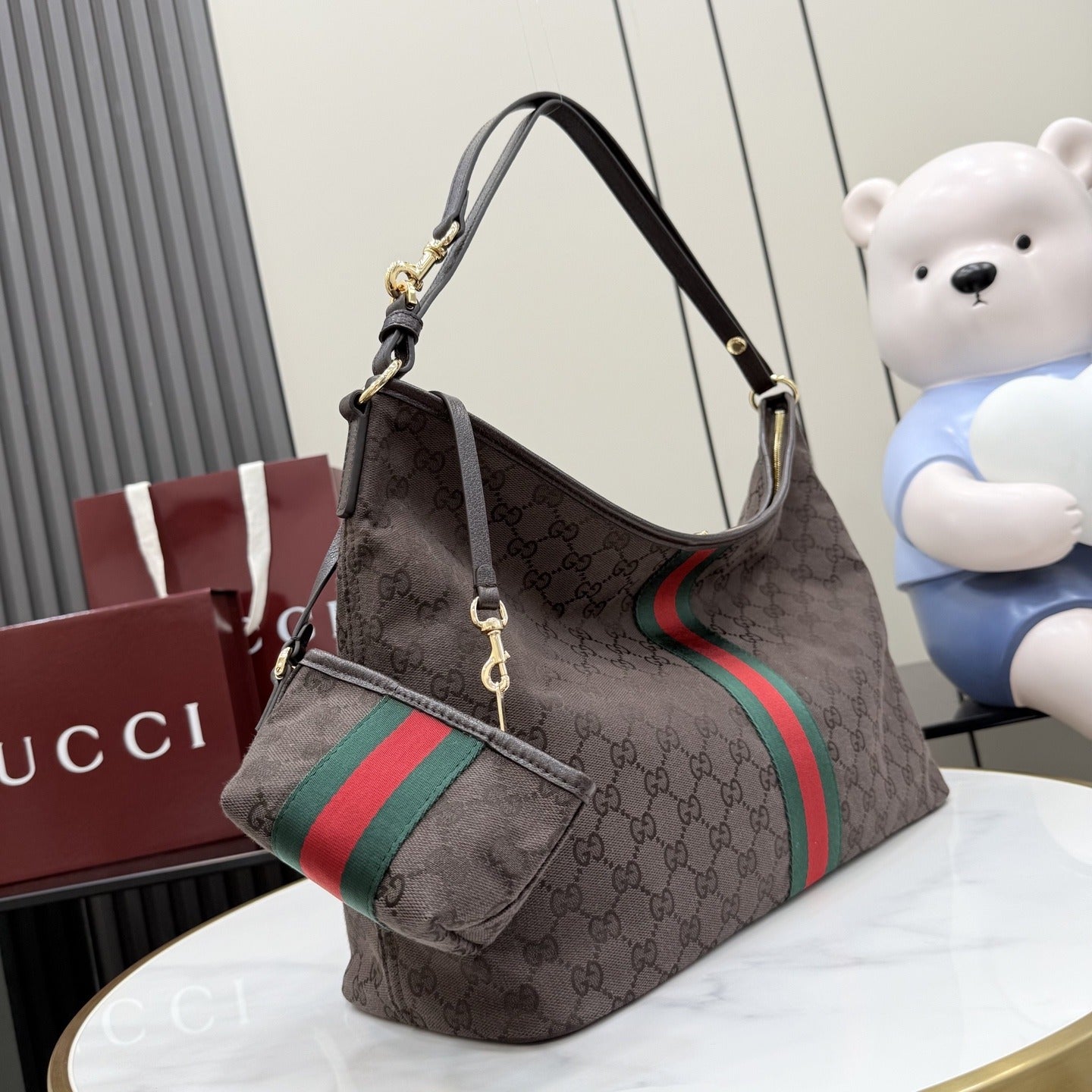 Gucci Brown Canvas & Leather Zip Shoulder Bag