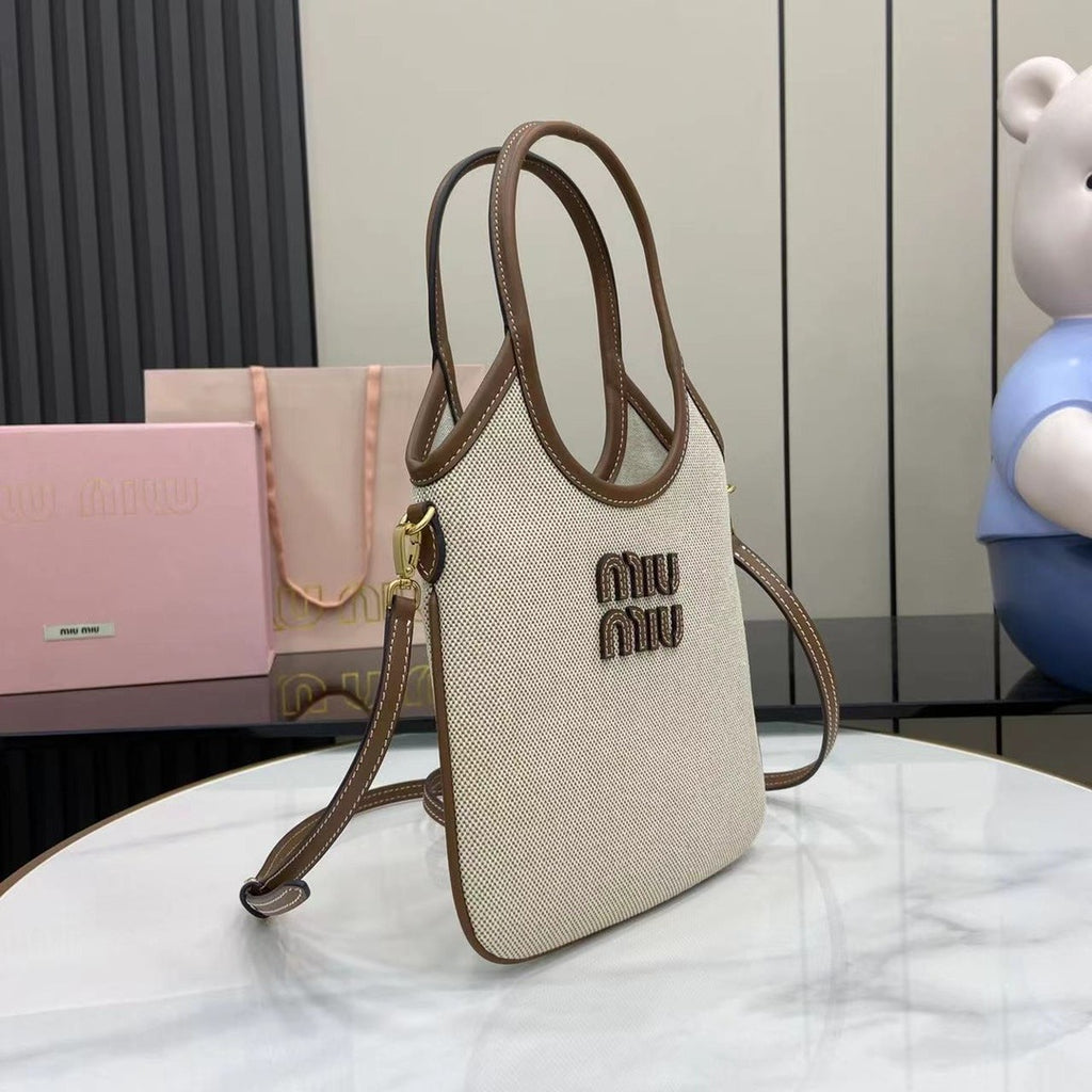 Miu Miu Brown Leather & Canvas Logo Tote Bag