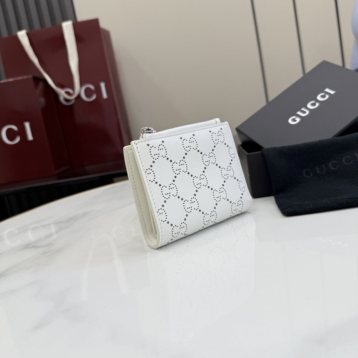 Gucci White Leather Openwork Wallet