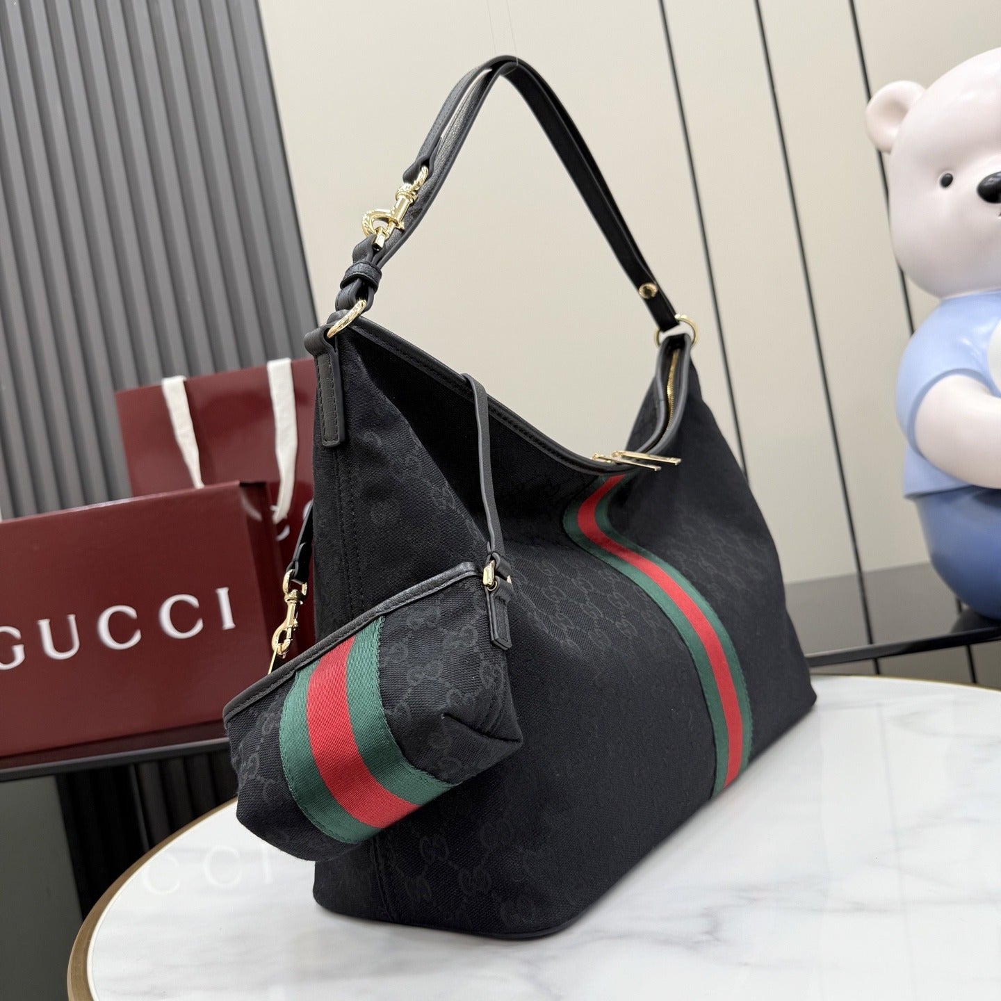 Gucci Black Canvas & Leather Zip Shoulder Bag