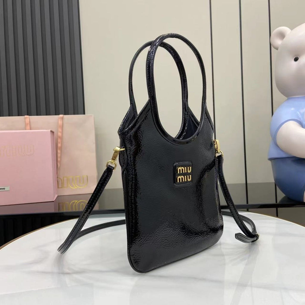 Miu Miu Black Patent Leather Logo Tote Bag