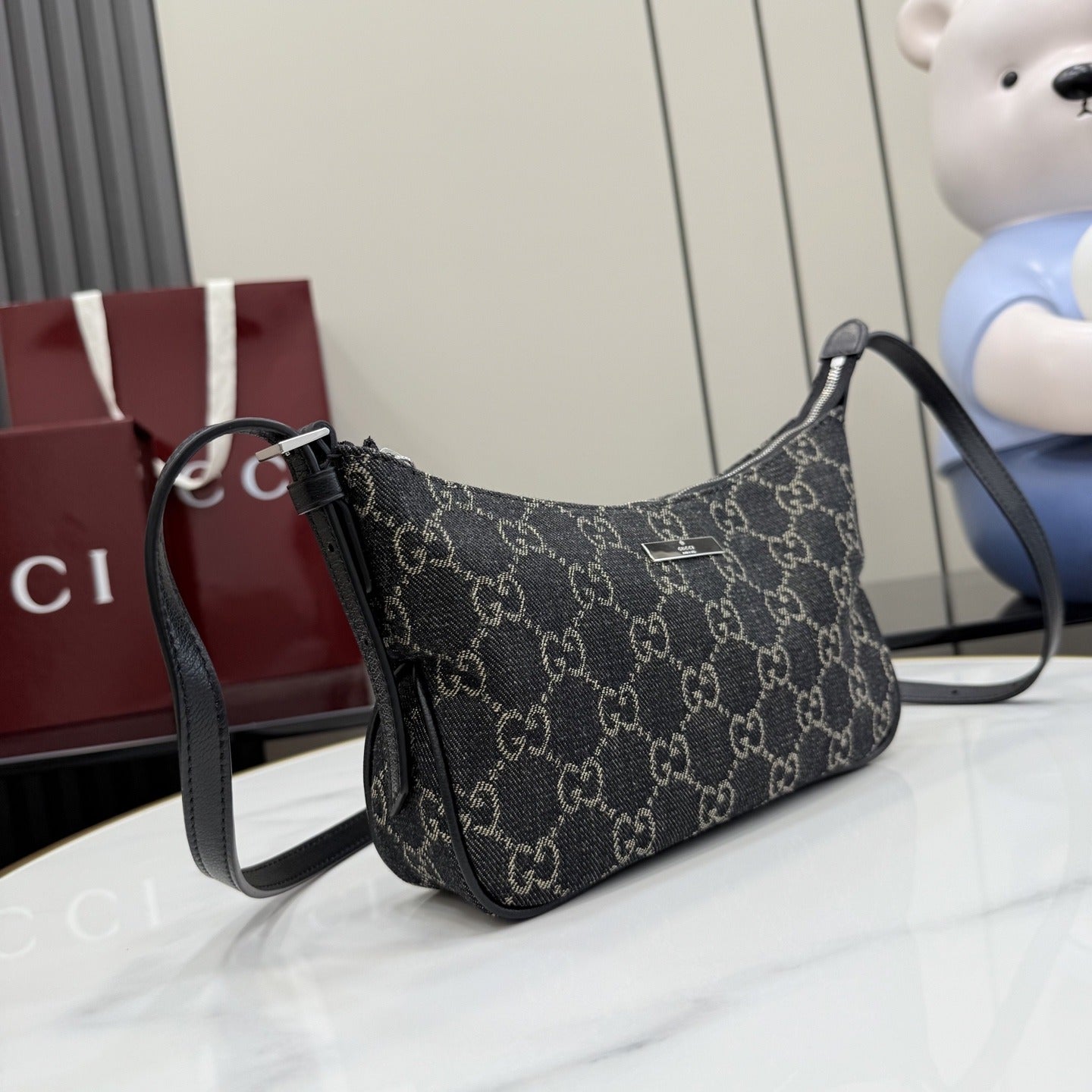Gucci Black Denim & Leather Zip Handbag