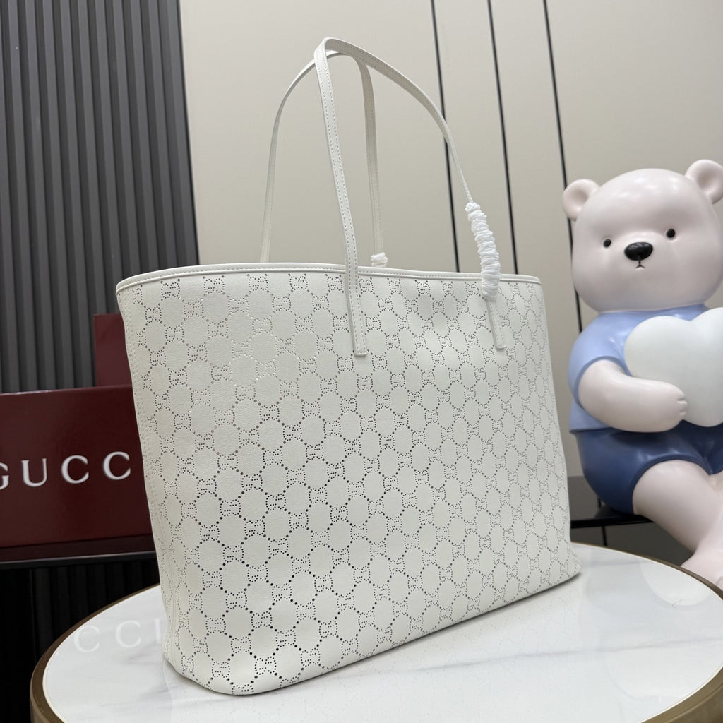Gucci White Leather Openwork Tote Bag