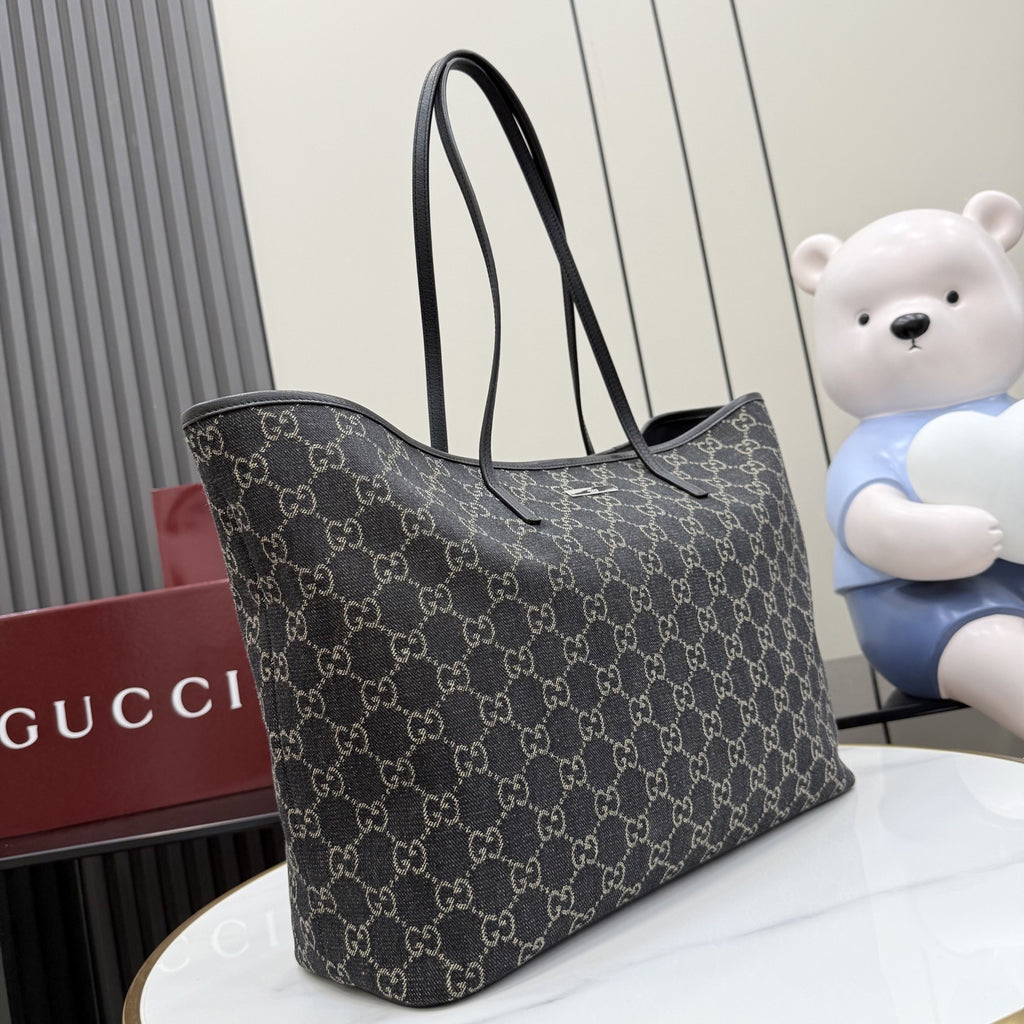 Gucci Black Denim & Leather Logo Tote Bag