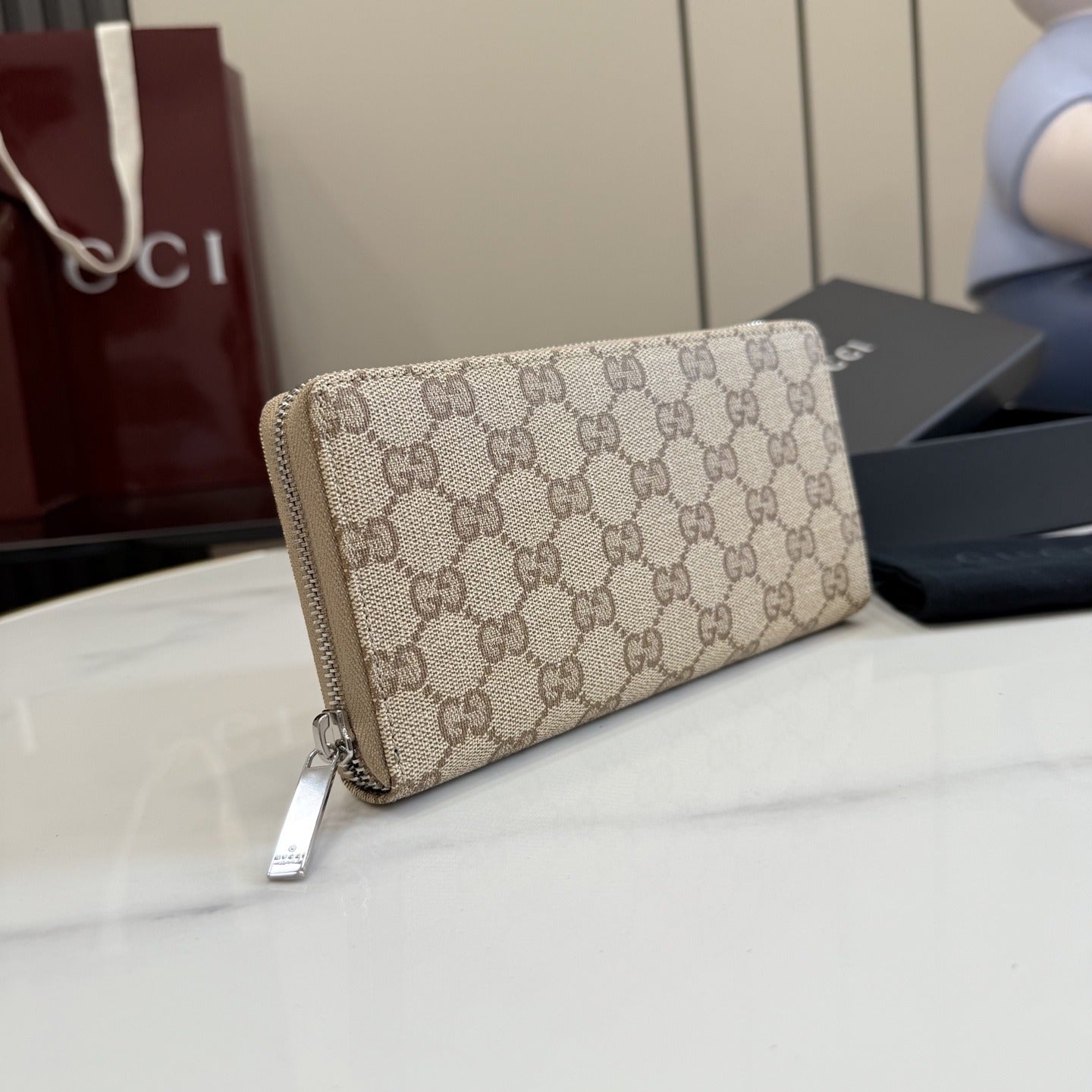 Gucci Brown Canvas & Leather Zip Wallet