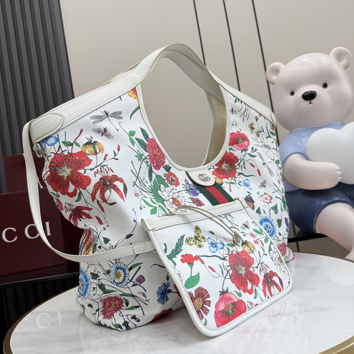 Gucci White Leather Double G Tote Bag