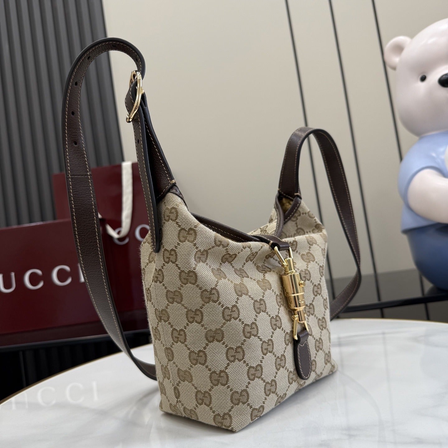 Gucci Brown Canvas & Leather Lock Handbag