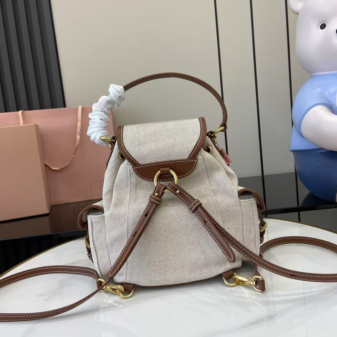 Miu Miu Brown Canvas & Calfskin Leather Backpack