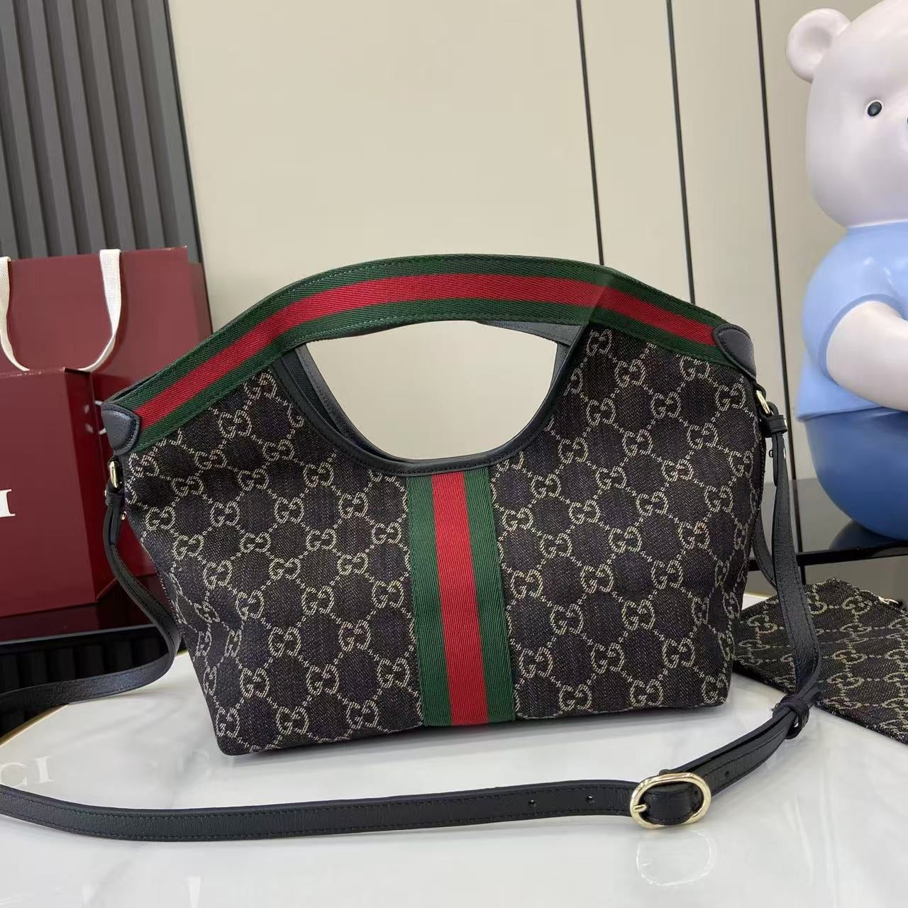 Gucci Black Denim & Canvas Double G Tote Bag