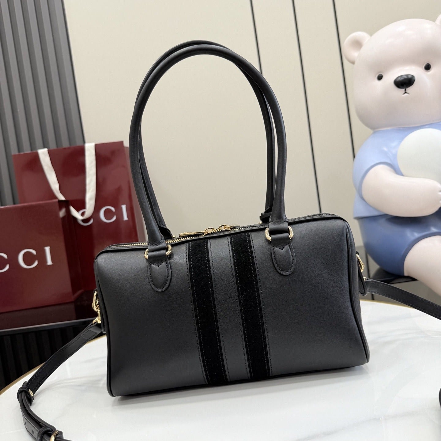 Gucci Black Leather & Canvas Horsebit Handbag