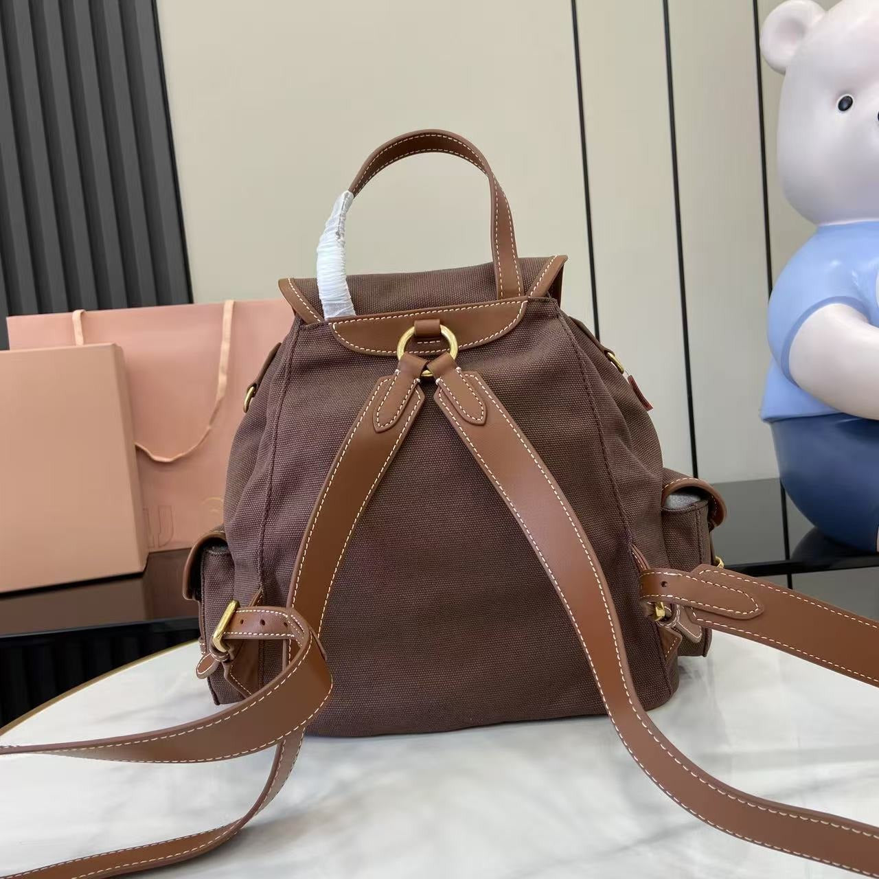 Miu Miu Brown Canvas & Calfskin Leather Backpack