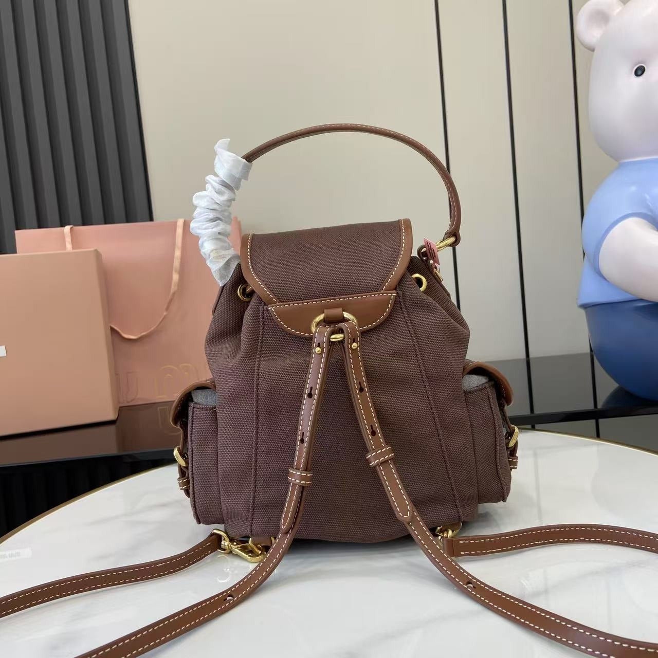 Miu Miu Brown Canvas & Calfskin Leather Backpack