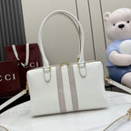 Gucci White Leather & Canvas Horsebit Handbag