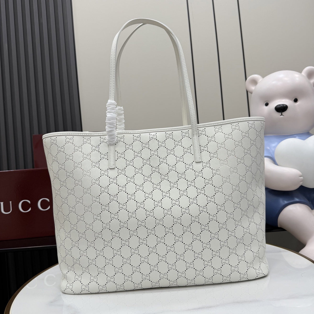 Gucci White Leather Openwork Tote Bag