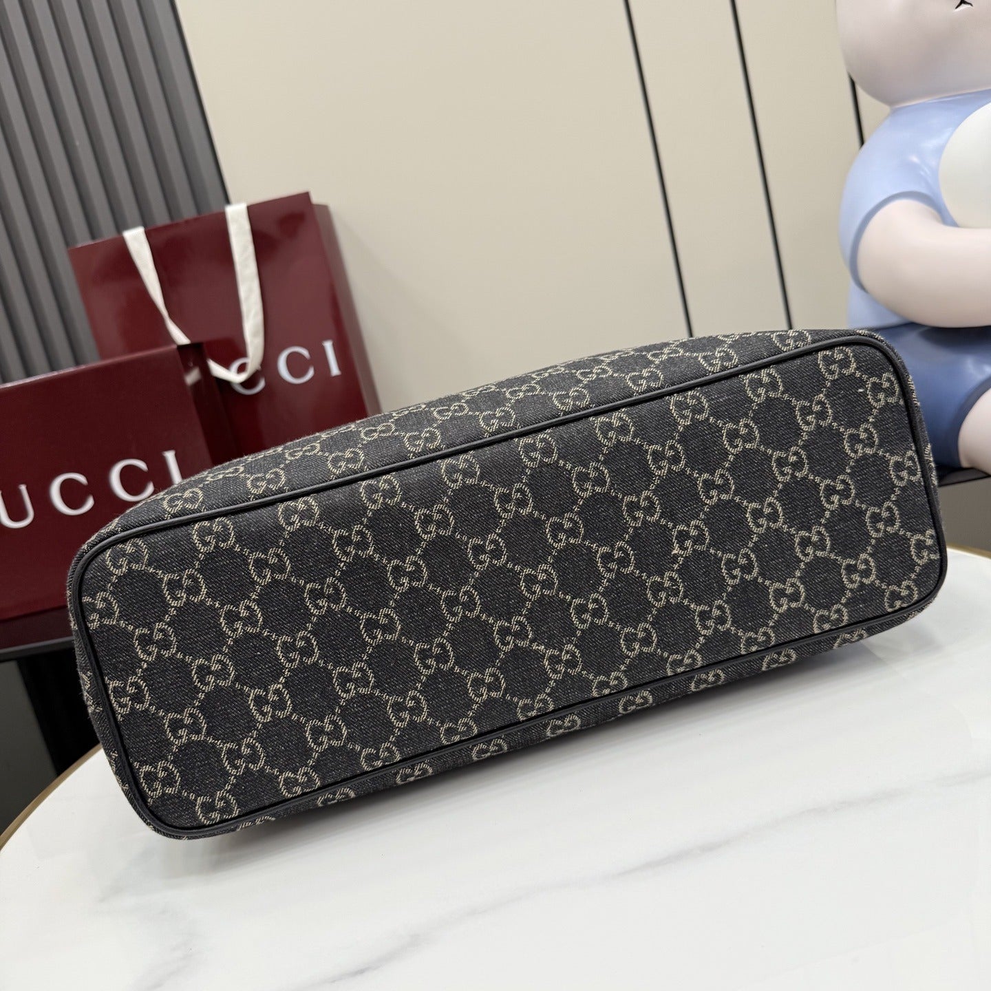 Gucci Black Denim & Leather Logo Tote Bag