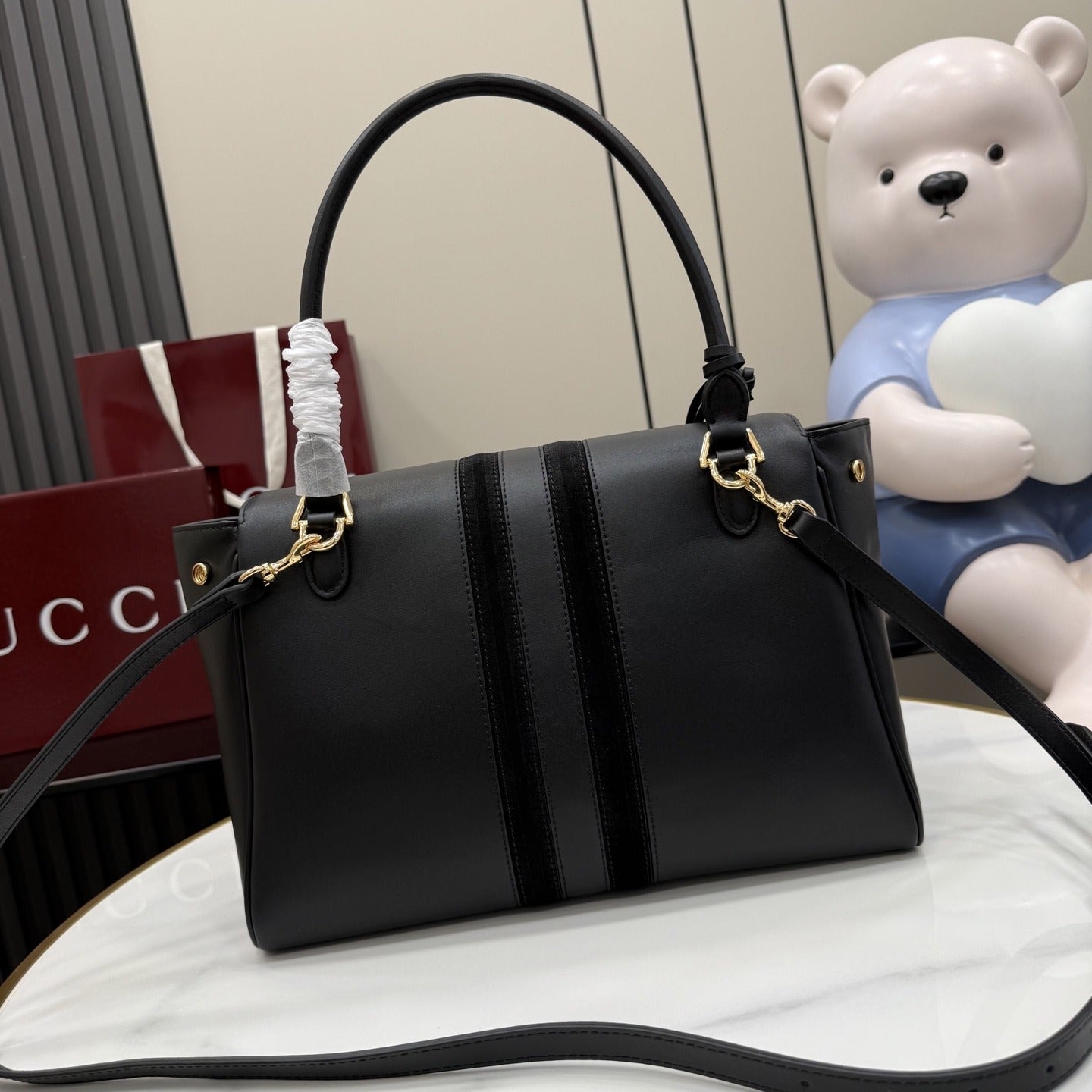 Gucci Black Leather & Canvas Zip Handbag