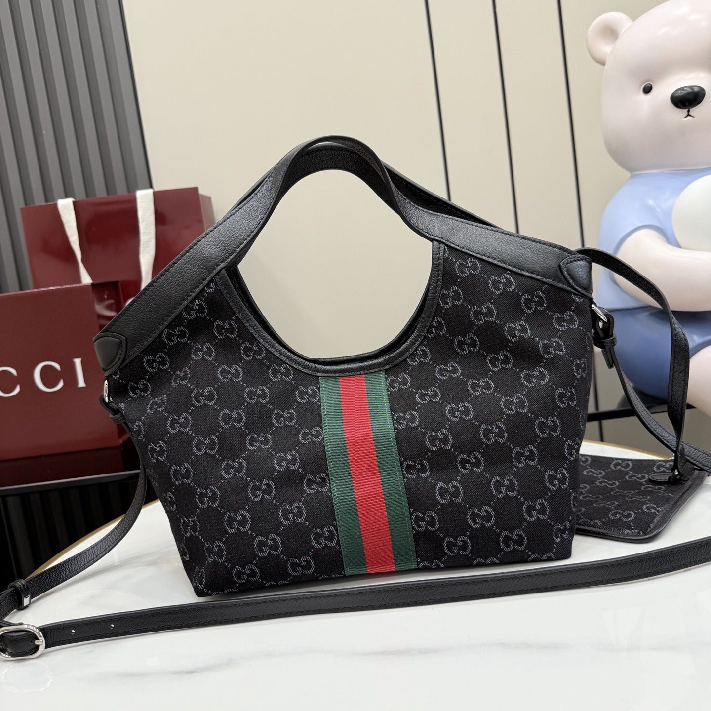 Gucci Black Denim & Leather Double G Clutch