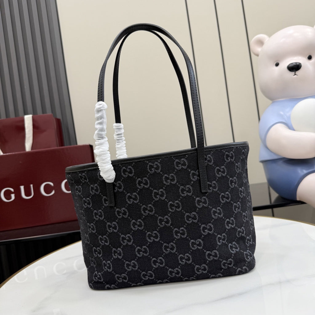 Gucci Black Denim & Leather Logo Tote Bag