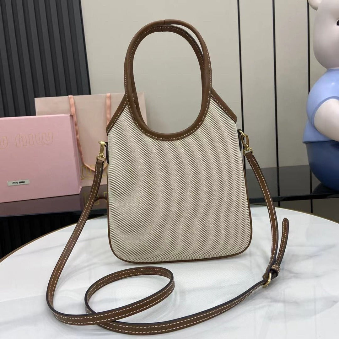 Miu Miu Brown Leather & Canvas Logo Tote Bag