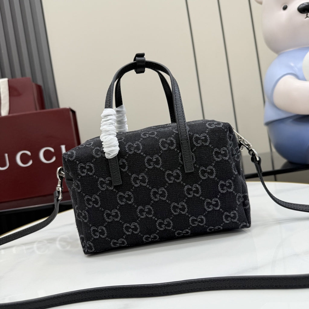 Gucci Black Denim & Leather Zip Handbag