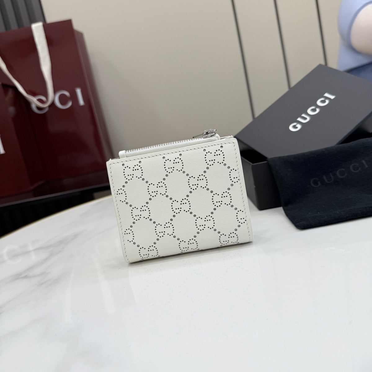 Gucci White Leather Openwork Wallet