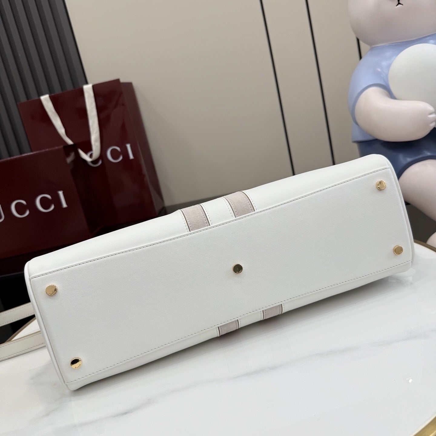 Gucci White Leather & Canvas Horsebit Handbag