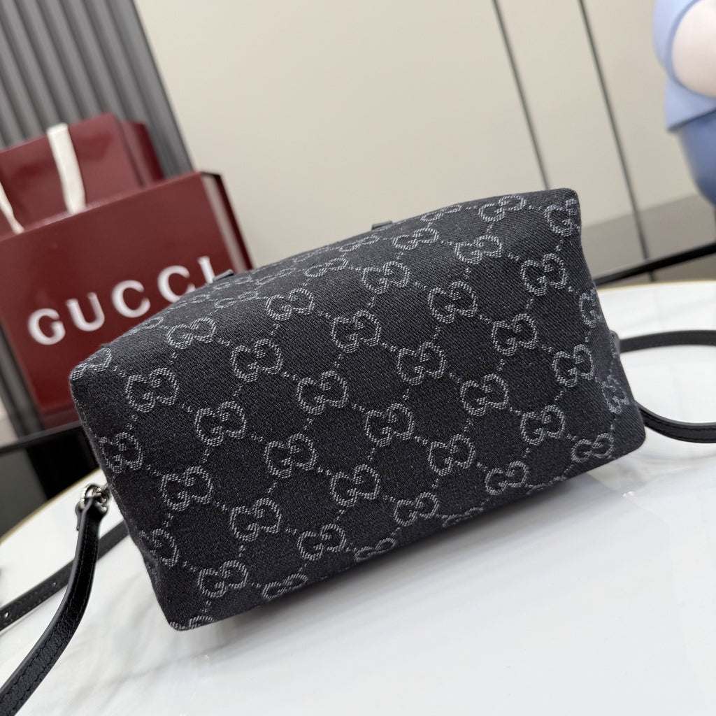 Gucci Black Denim & Leather Zip Handbag