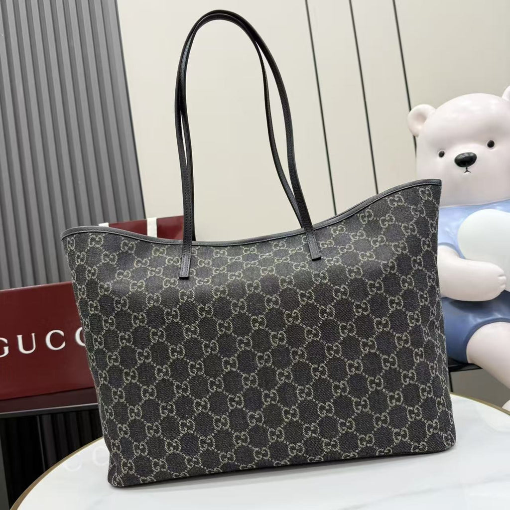 Gucci Black Denim & Leather Logo Tote Bag
