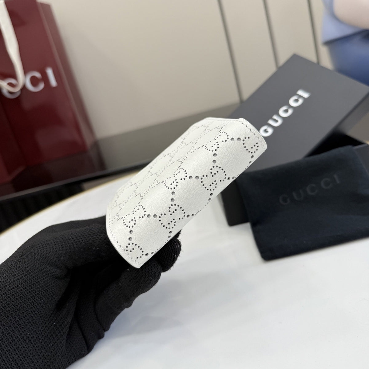 Gucci White Leather Openwork Wallet