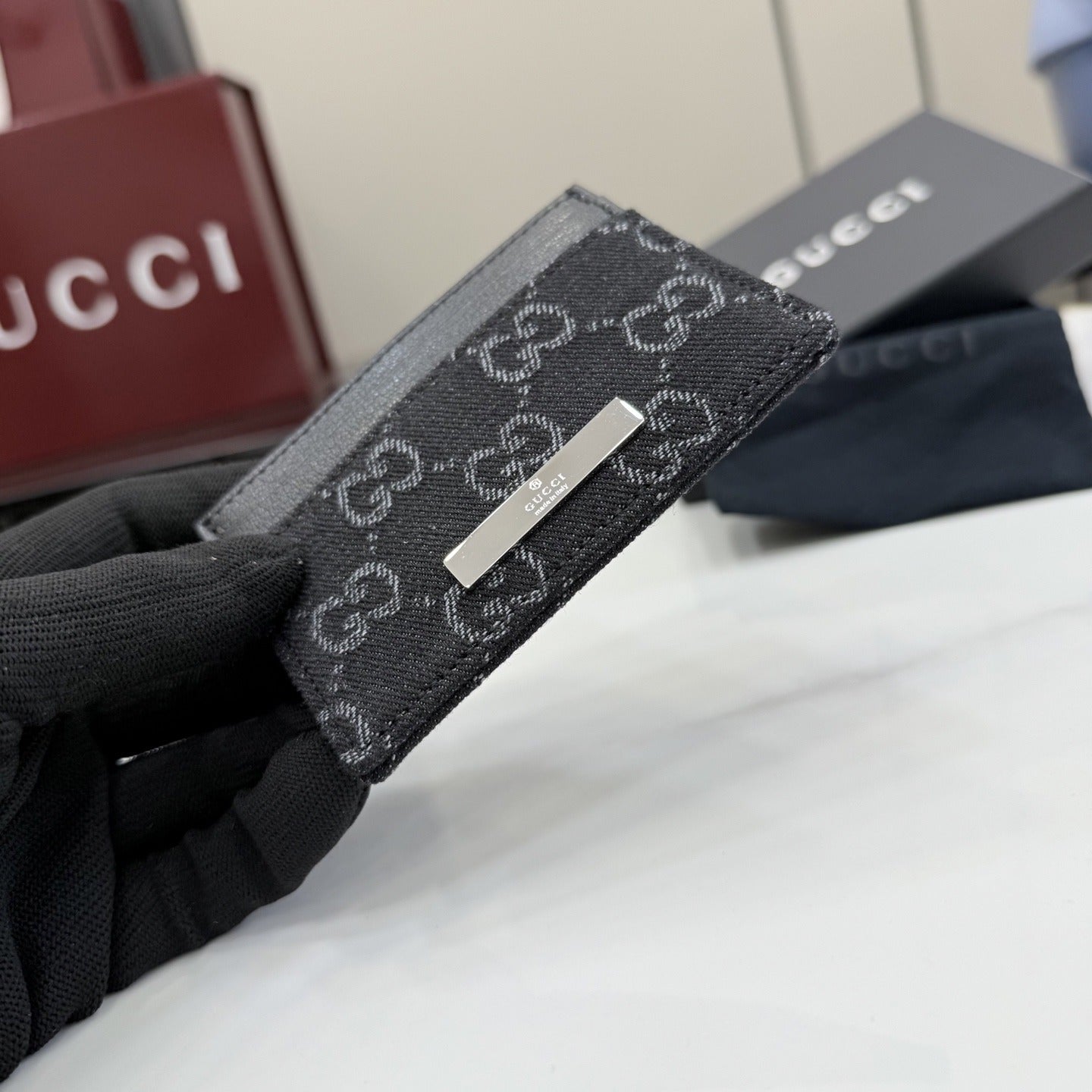 Gucci Black Denim & Leather Logo Card Holder