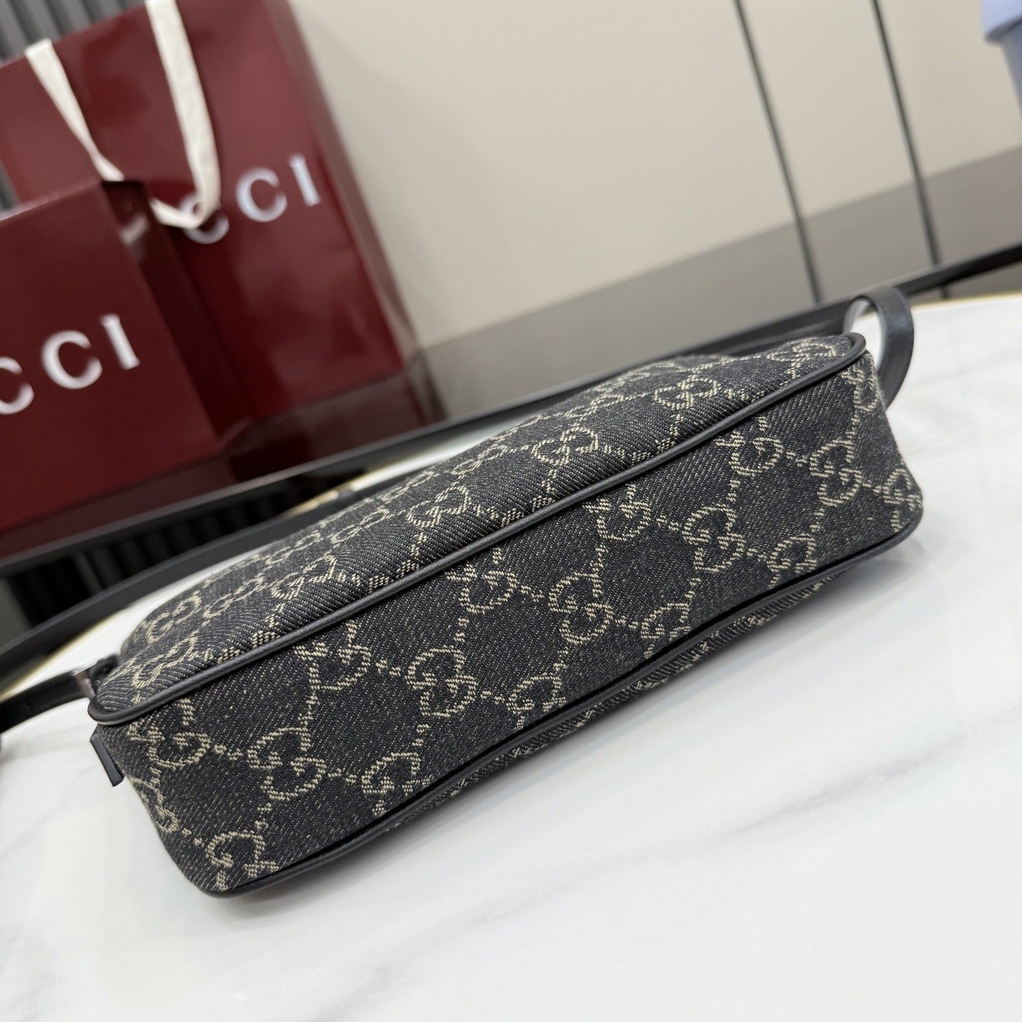 Gucci Black Denim & Leather Zip Handbag
