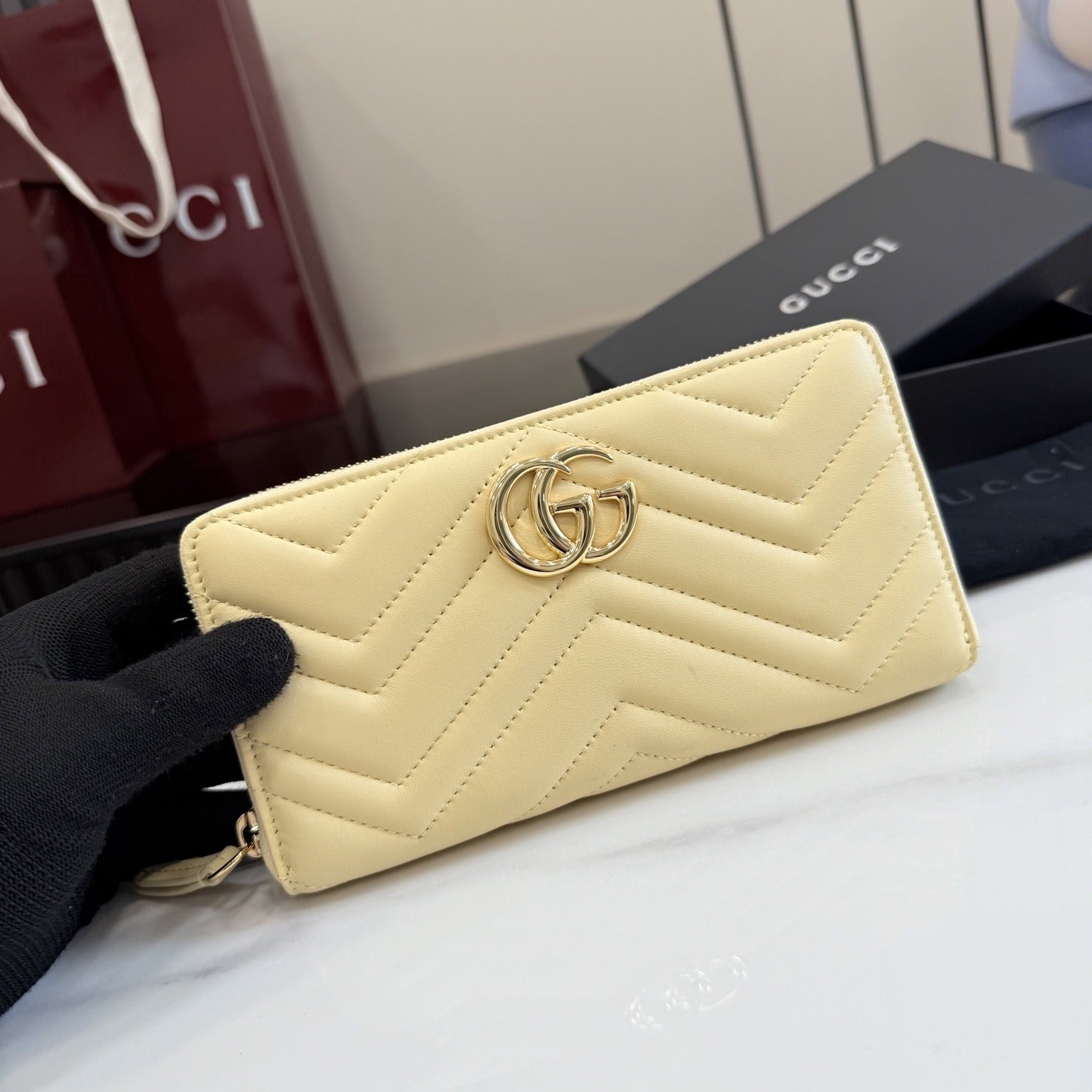Gucci Yellow Leather GG Marmont Clutch